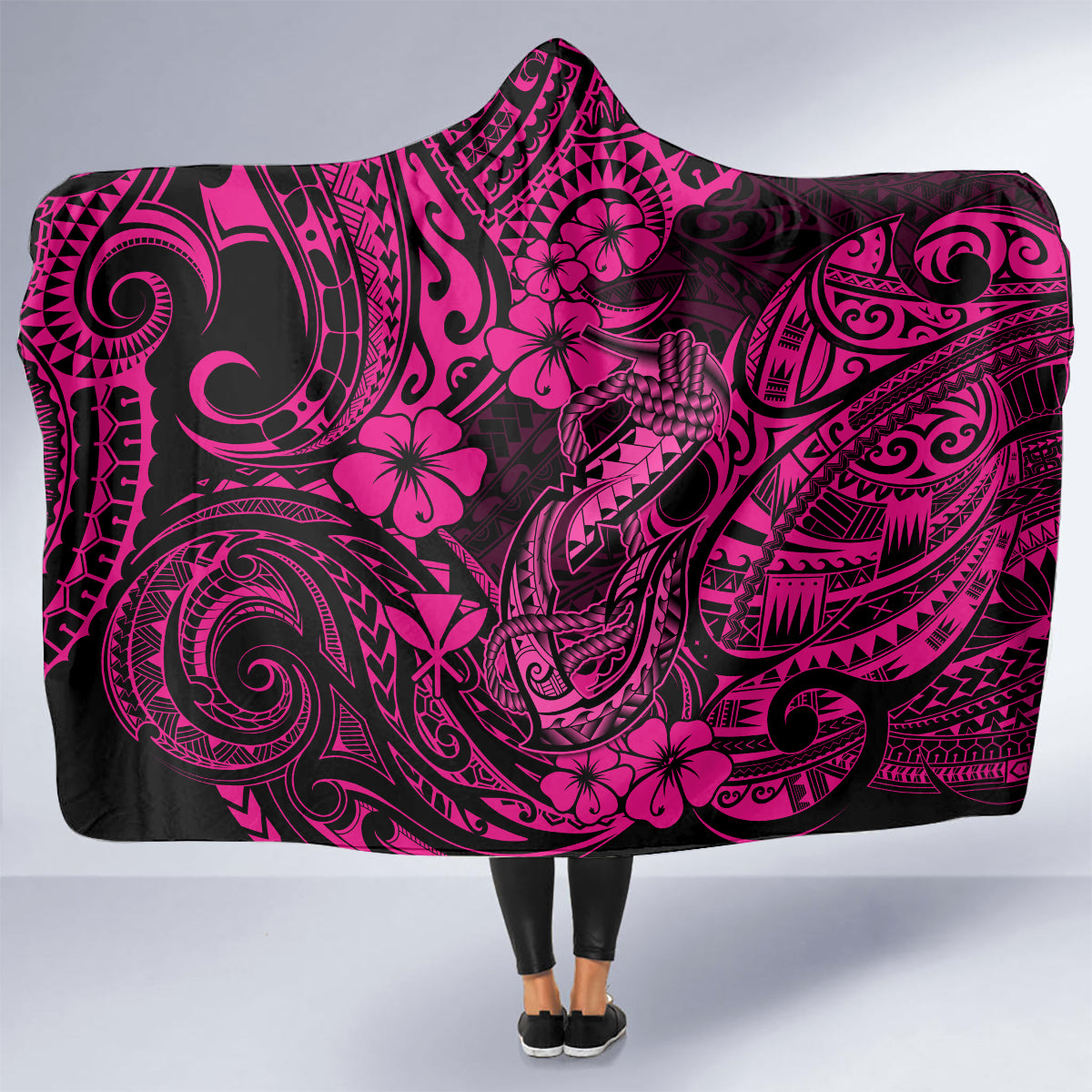 hawaii-fish-hook-hooded-blanket-hibiscus-hawaii-tribal-tattoo-pink-version