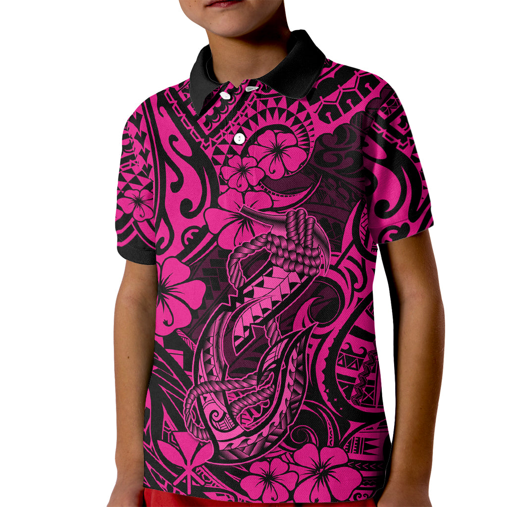 Hawaii Fish Hook Kid Polo Shirt Hibiscus Hawaii Tribal Tattoo Pink Version - Wonder Print Shop