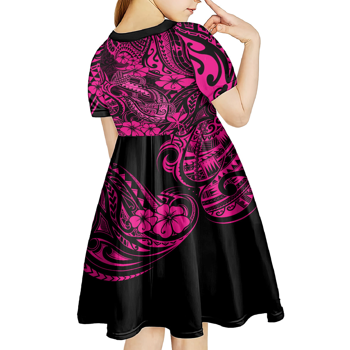 Hawaii Fish Hook Kid Short Sleeve Dress Hibiscus Hawaii Tribal Tattoo Pink Version - Wonder Print Shop