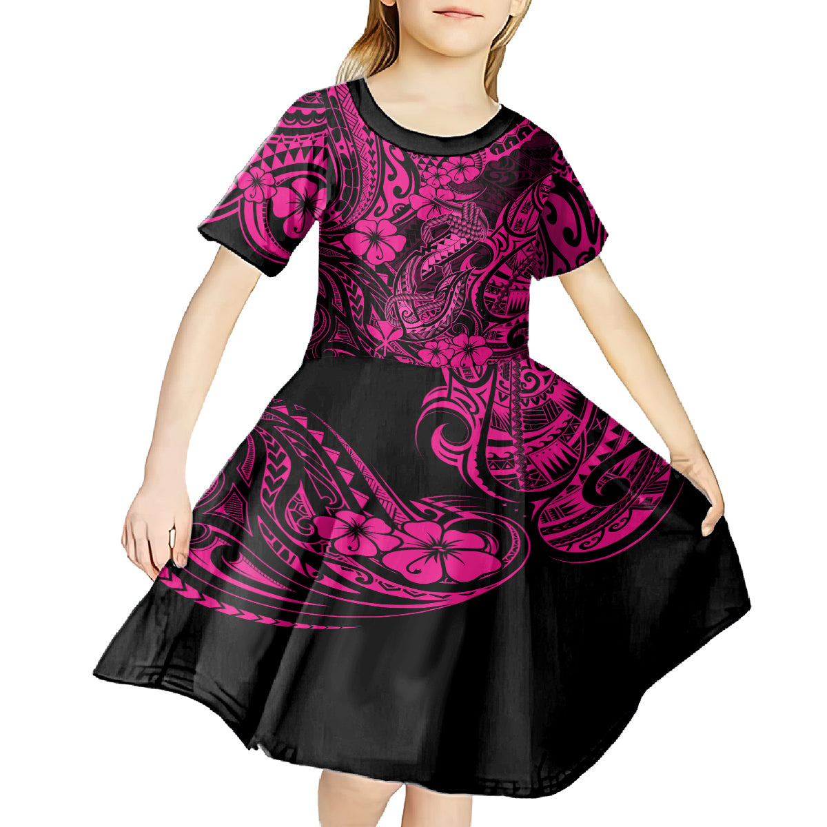 Hawaii Fish Hook Kid Short Sleeve Dress Hibiscus Hawaii Tribal Tattoo Pink Version - Wonder Print Shop