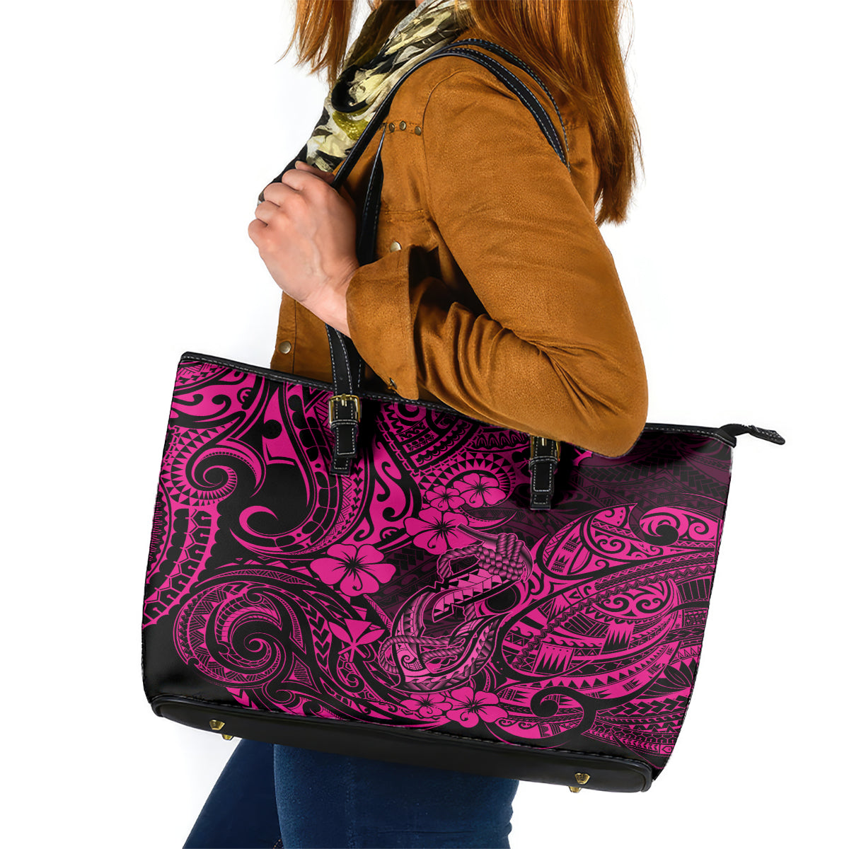 Hawaii Fish Hook Leather Tote Bag Hibiscus Hawaii Tribal Tattoo Pink Version - Wonder Print Shop
