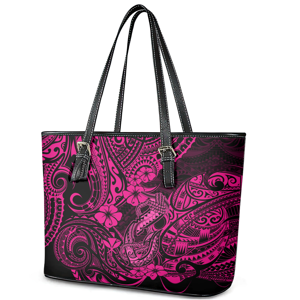 Hawaii Fish Hook Leather Tote Bag Hibiscus Hawaii Tribal Tattoo Pink Version - Wonder Print Shop