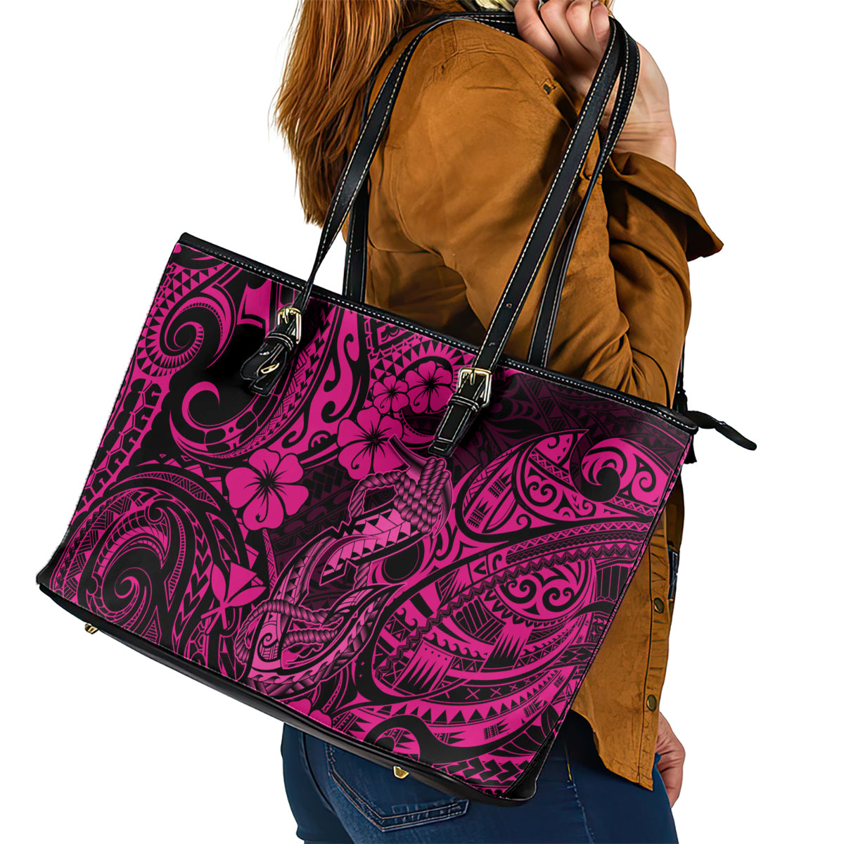 Hawaii Fish Hook Leather Tote Bag Hibiscus Hawaii Tribal Tattoo Pink Version - Wonder Print Shop