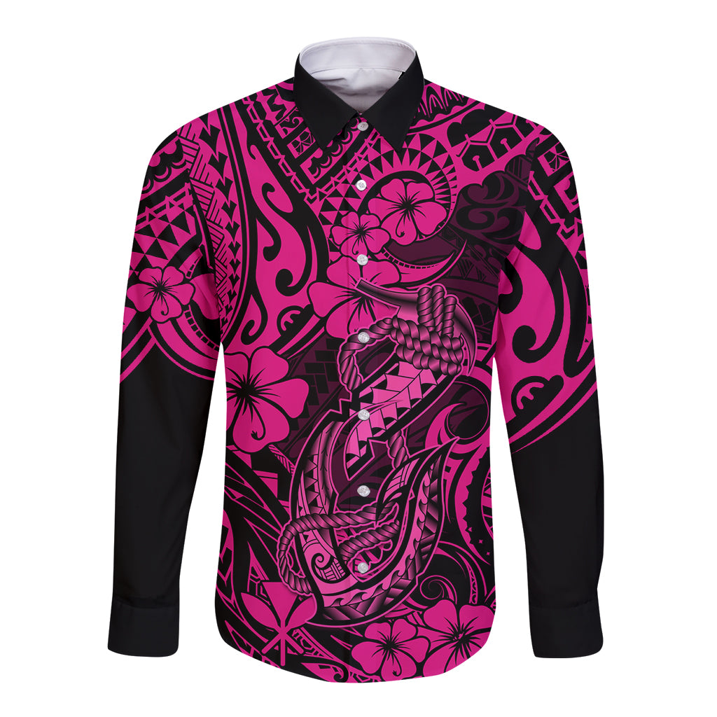 Hawaii Fish Hook Long Sleeve Button Shirt Hibiscus Hawaii Tribal Tattoo Pink Version - Wonder Print Shop