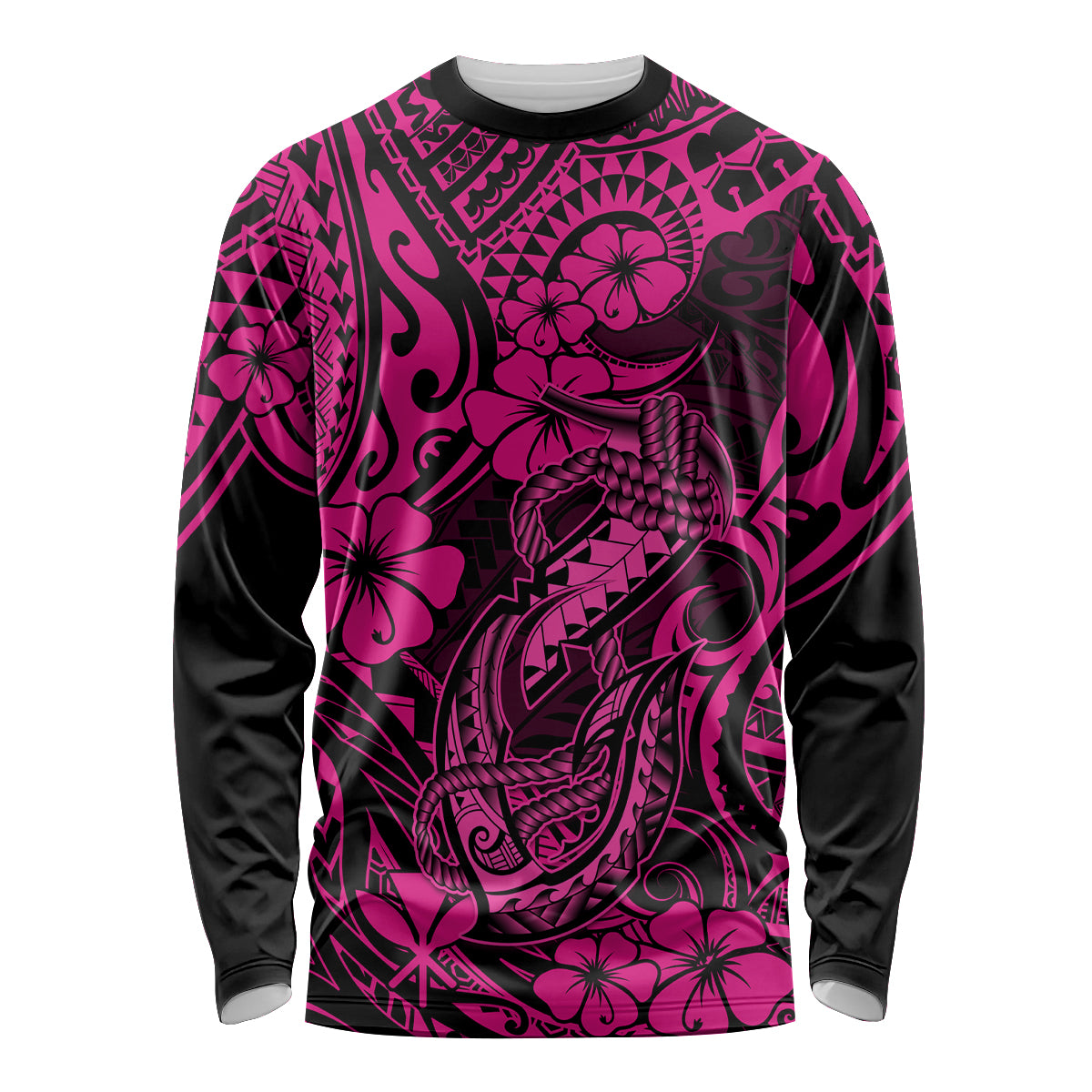 Hawaii Fish Hook Long Sleeve Shirt Hibiscus Hawaii Tribal Tattoo Pink Version - Wonder Print Shop