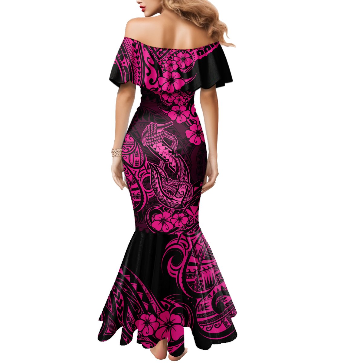 Hawaii Fish Hook Mermaid Dress Hibiscus Hawaii Tribal Tattoo Pink Version - Wonder Print Shop