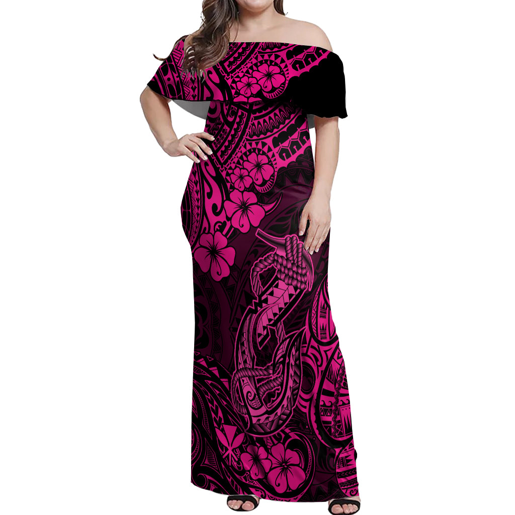 Hawaii Fish Hook Off Shoulder Maxi Dress Hibiscus Hawaii Tribal Tattoo Pink Version - Wonder Print Shop