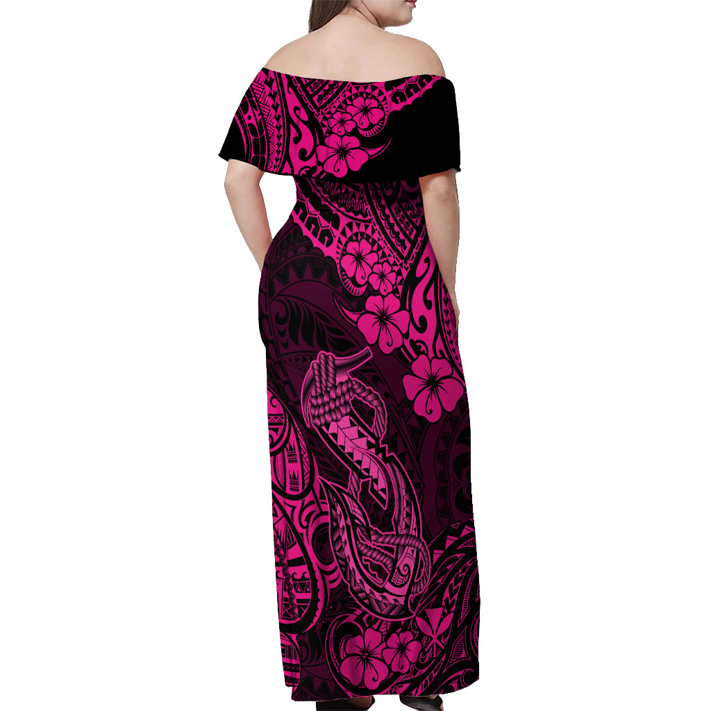 Hawaii Fish Hook Off Shoulder Maxi Dress Hibiscus Hawaii Tribal Tattoo Pink Version - Wonder Print Shop