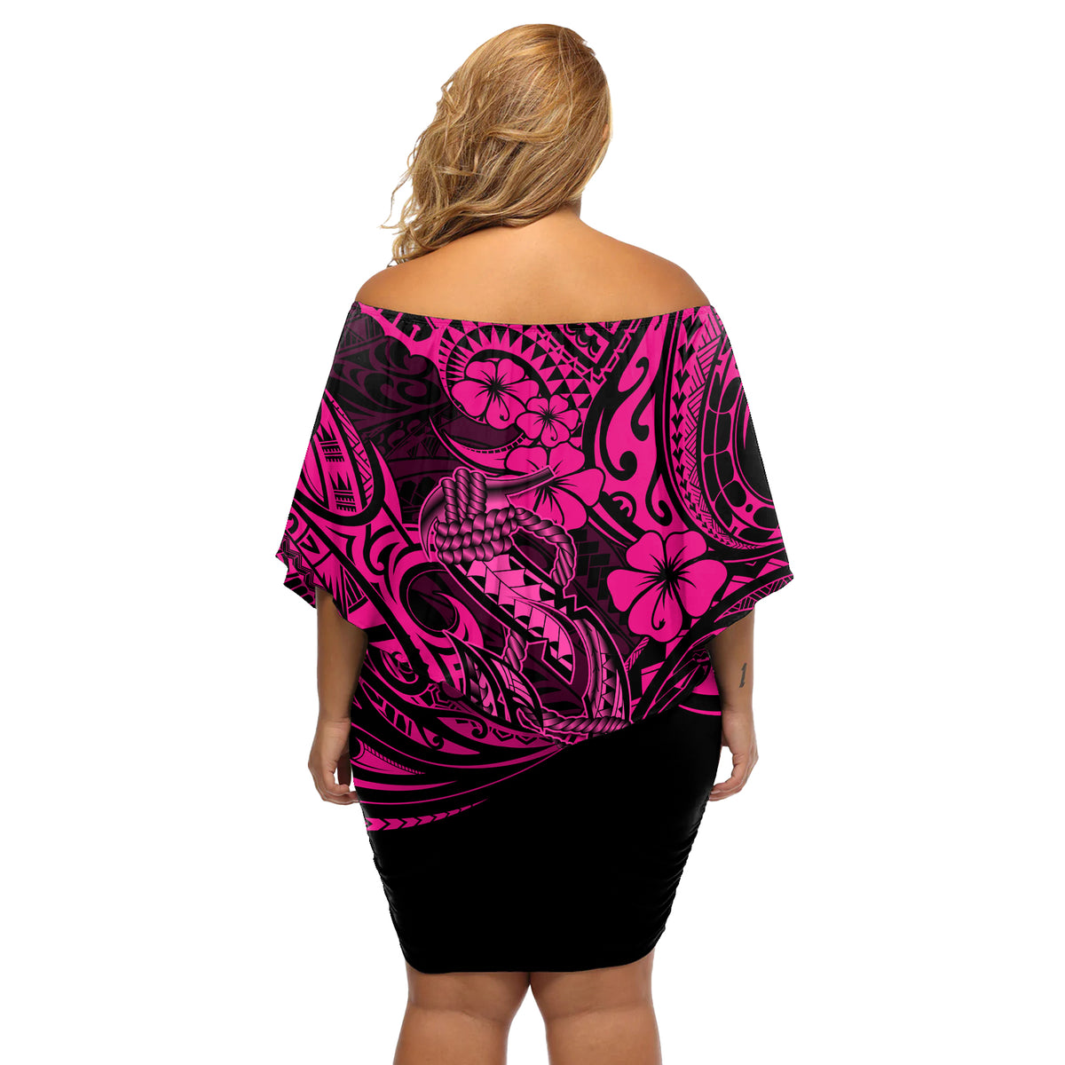 Hawaii Fish Hook Off Shoulder Short Dress Hibiscus Hawaii Tribal Tattoo Pink Version - Wonder Print Shop