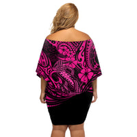 Hawaii Fish Hook Off Shoulder Short Dress Hibiscus Hawaii Tribal Tattoo Pink Version - Wonder Print Shop