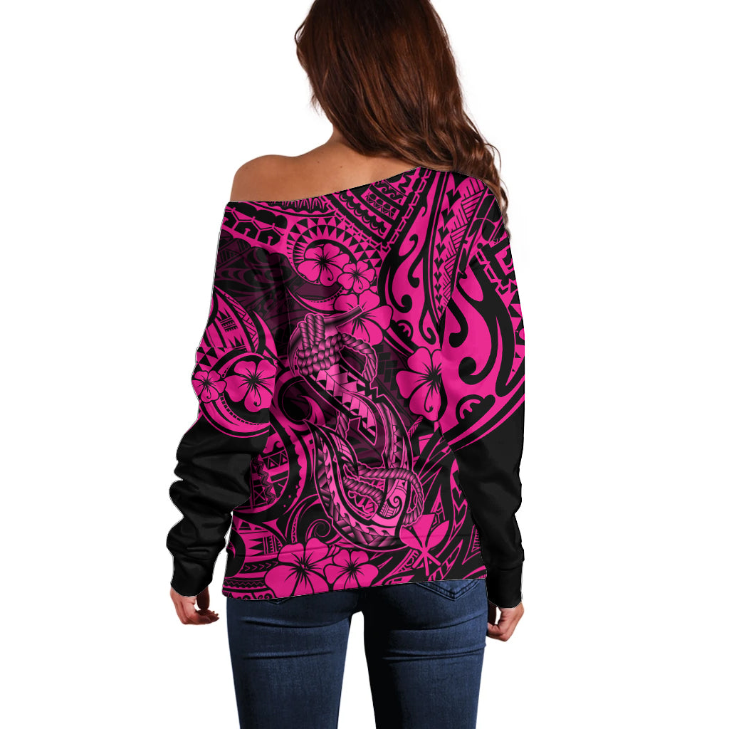 Hawaii Fish Hook Off Shoulder Sweater Hibiscus Hawaii Tribal Tattoo Pink Version - Wonder Print Shop