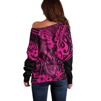 Hawaii Fish Hook Off Shoulder Sweater Hibiscus Hawaii Tribal Tattoo Pink Version - Wonder Print Shop