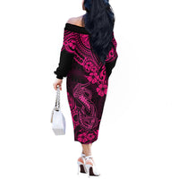 Hawaii Fish Hook Off The Shoulder Long Sleeve Dress Hibiscus Hawaii Tribal Tattoo Pink Version - Wonder Print Shop