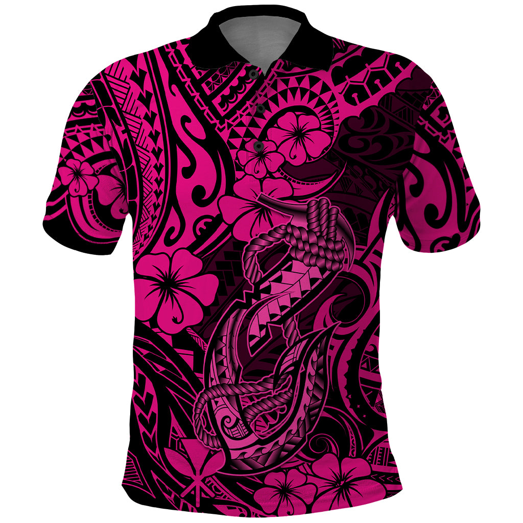 Hawaii Fish Hook Polo Shirt Hibiscus Hawaii Tribal Tattoo Pink Version - Wonder Print Shop