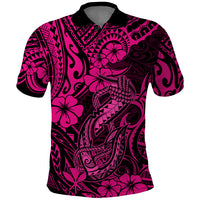 Hawaii Fish Hook Polo Shirt Hibiscus Hawaii Tribal Tattoo Pink Version - Wonder Print Shop