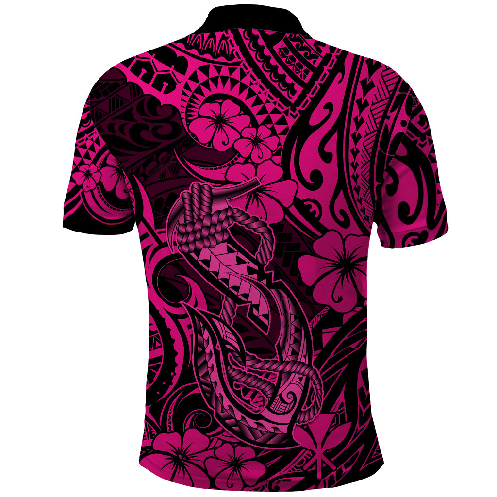Hawaii Fish Hook Polo Shirt Hibiscus Hawaii Tribal Tattoo Pink Version - Wonder Print Shop