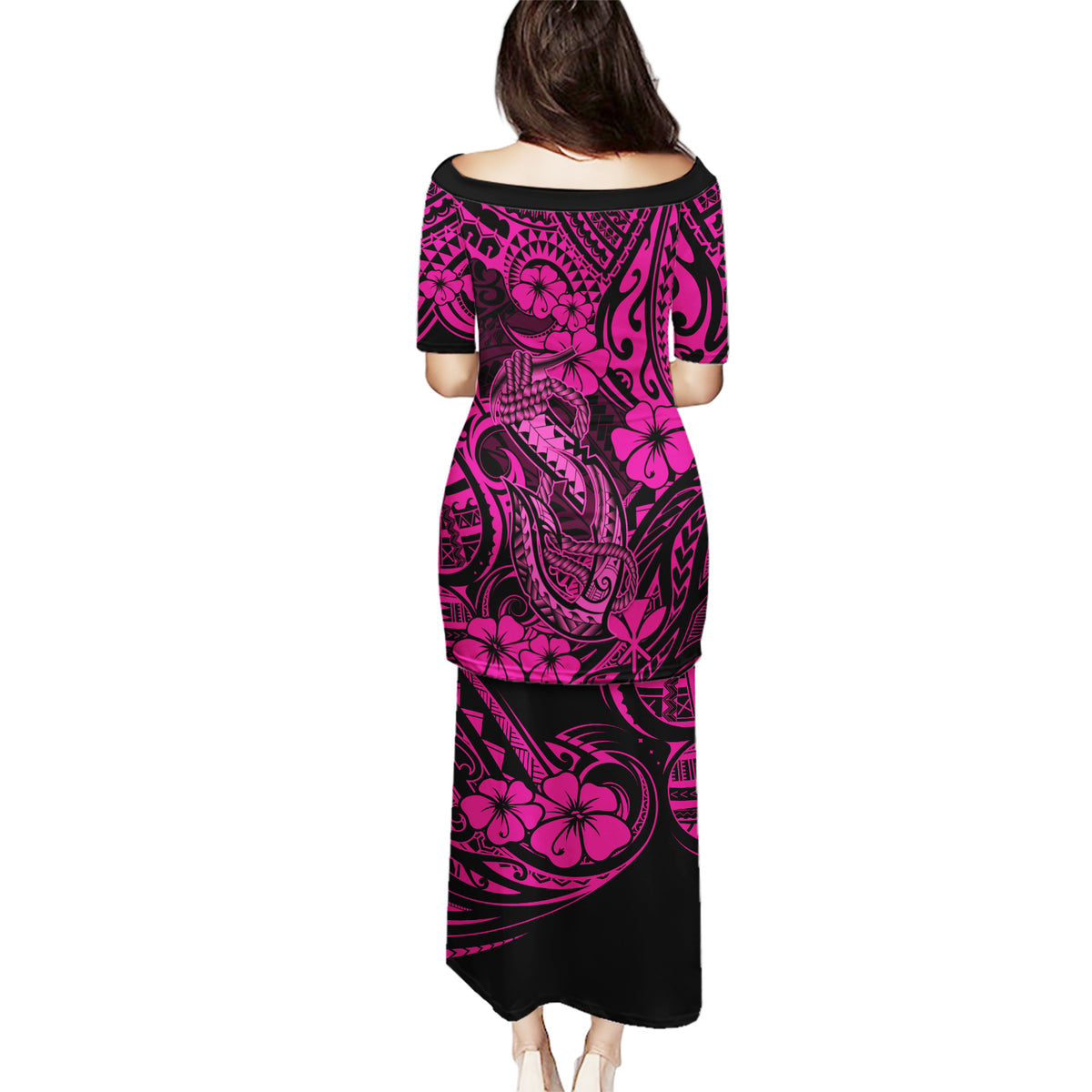 Hawaii Fish Hook Puletasi Hibiscus Hawaii Tribal Tattoo Pink Version - Wonder Print Shop