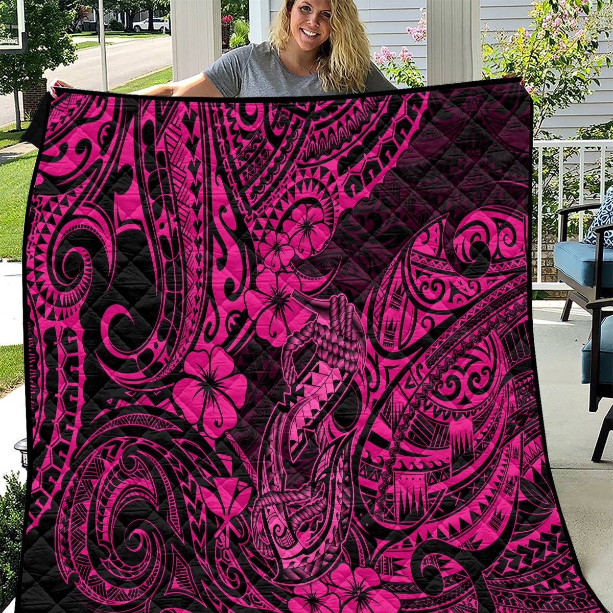 Hawaii Fish Hook Quilt Hibiscus Hawaii Tribal Tattoo Pink Version - Wonder Print Shop