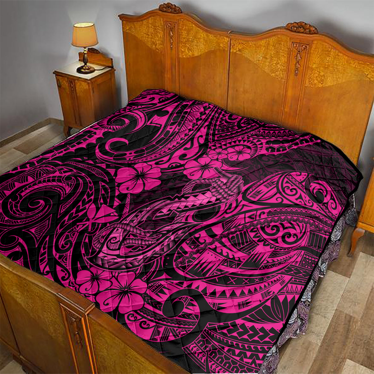 Hawaii Fish Hook Quilt Hibiscus Hawaii Tribal Tattoo Pink Version - Wonder Print Shop