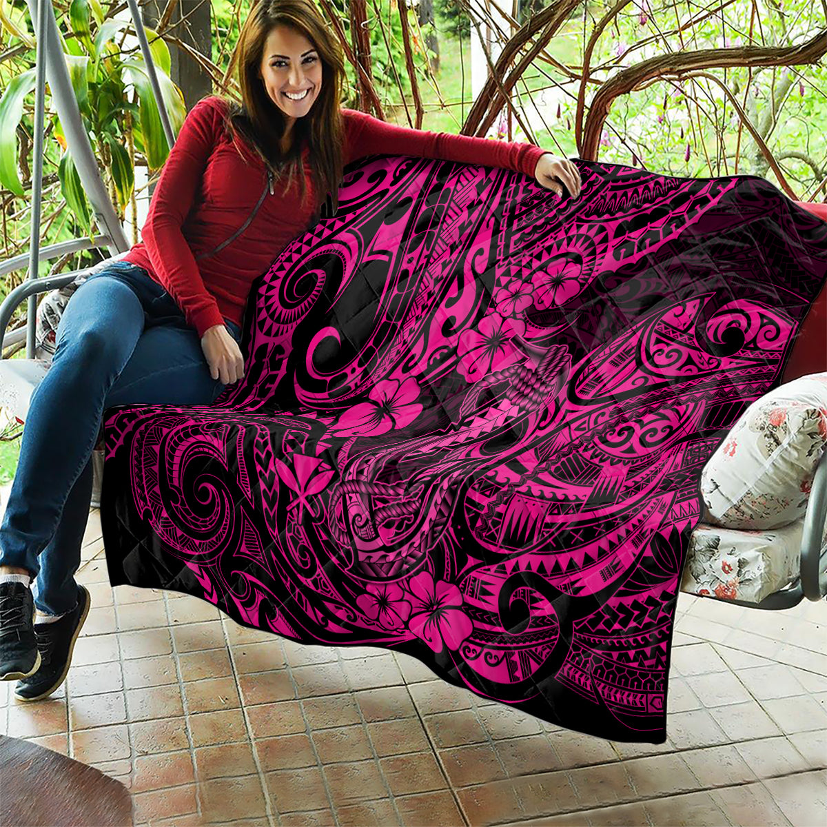Hawaii Fish Hook Quilt Hibiscus Hawaii Tribal Tattoo Pink Version - Wonder Print Shop