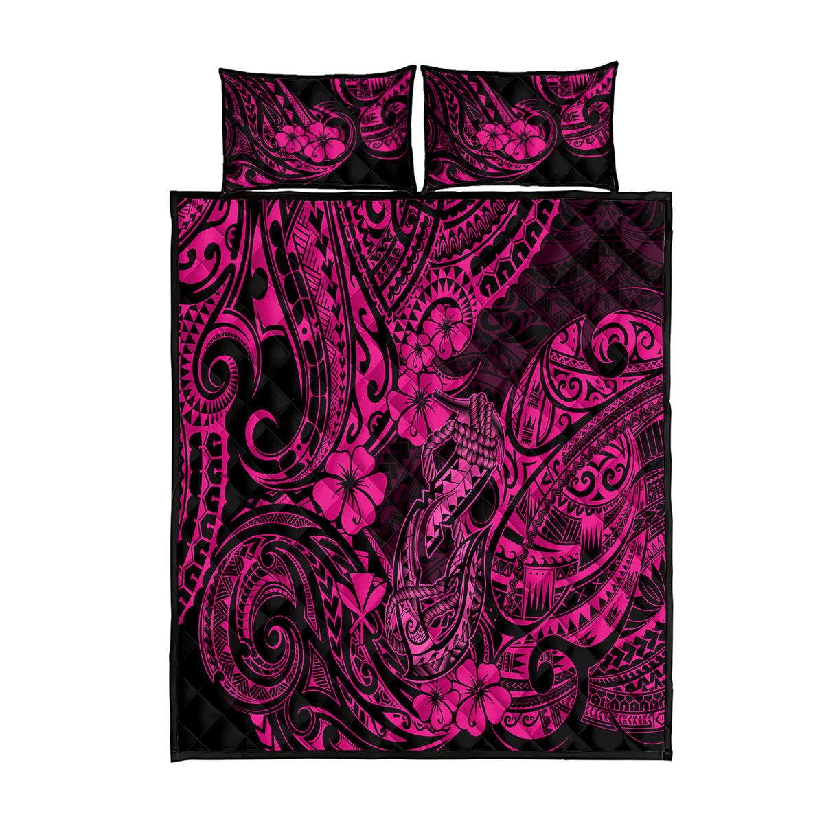 Hawaii Fish Hook Quilt Bed Set Hibiscus Hawaii Tribal Tattoo Pink Version - Wonder Print Shop