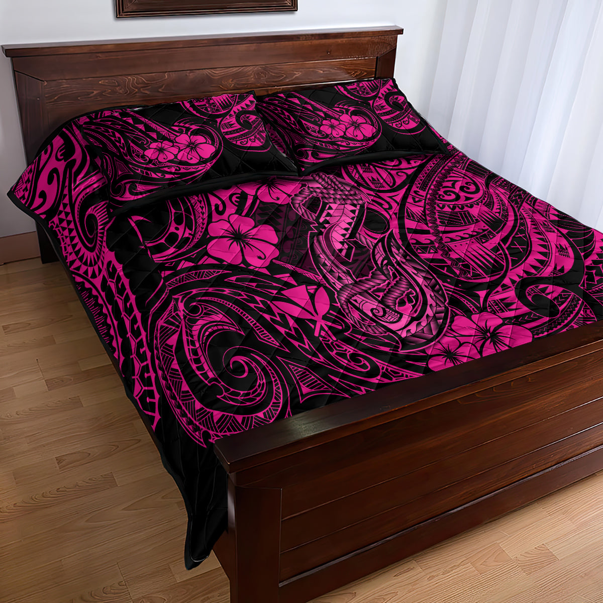 Hawaii Fish Hook Quilt Bed Set Hibiscus Hawaii Tribal Tattoo Pink Version - Wonder Print Shop