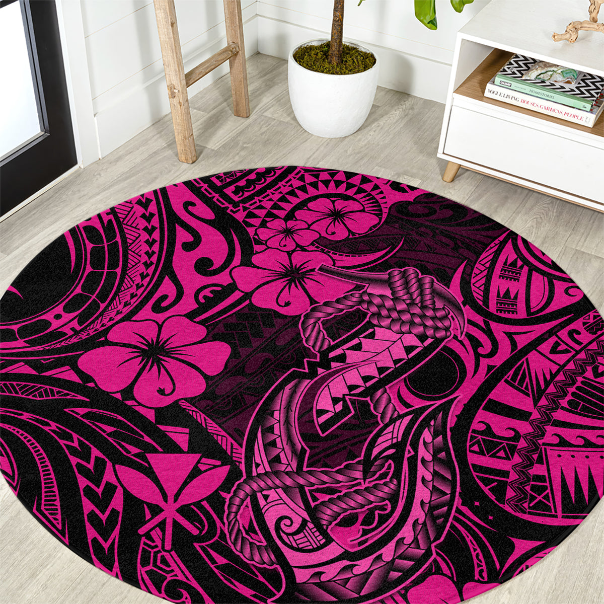 hawaii-fish-hook-round-carpet-hibiscus-hawaii-tribal-tattoo-pink-version