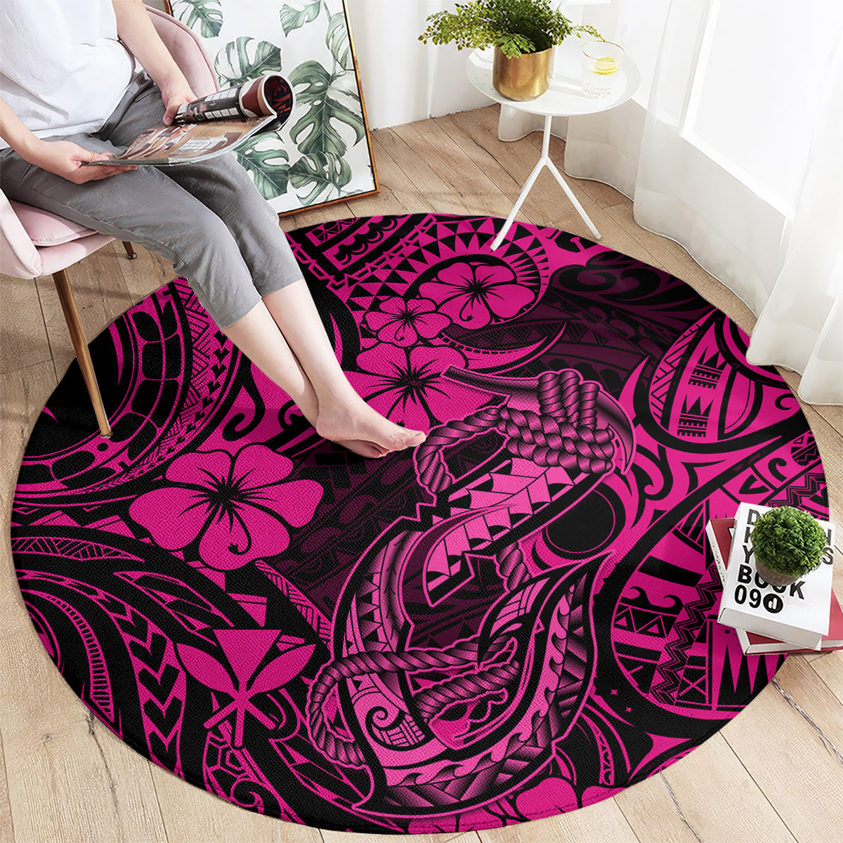 hawaii-fish-hook-round-carpet-hibiscus-hawaii-tribal-tattoo-pink-version