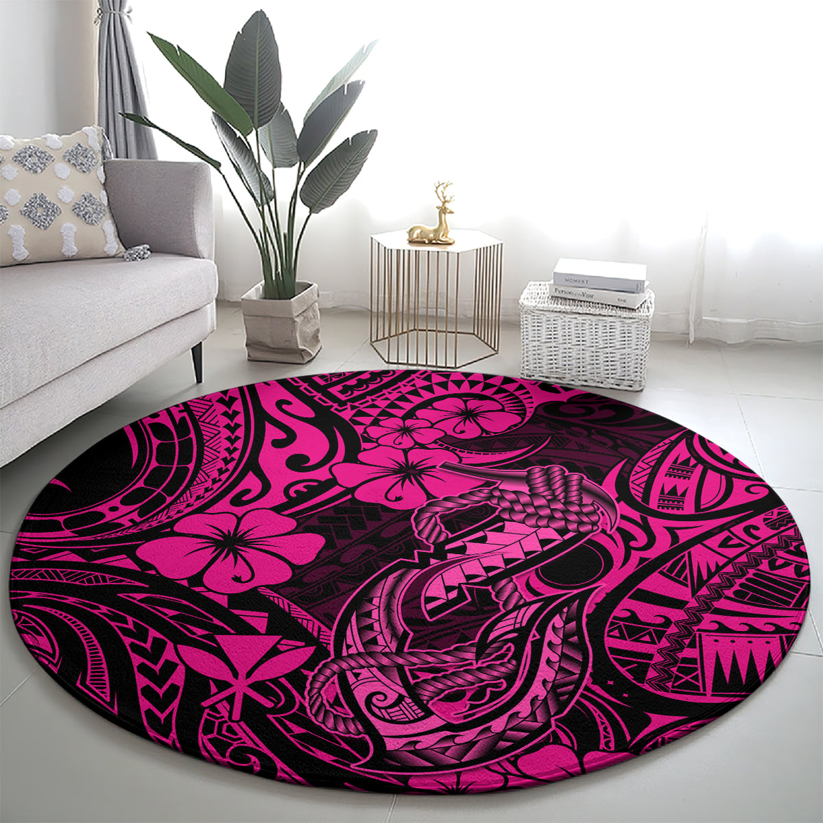 hawaii-fish-hook-round-carpet-hibiscus-hawaii-tribal-tattoo-pink-version