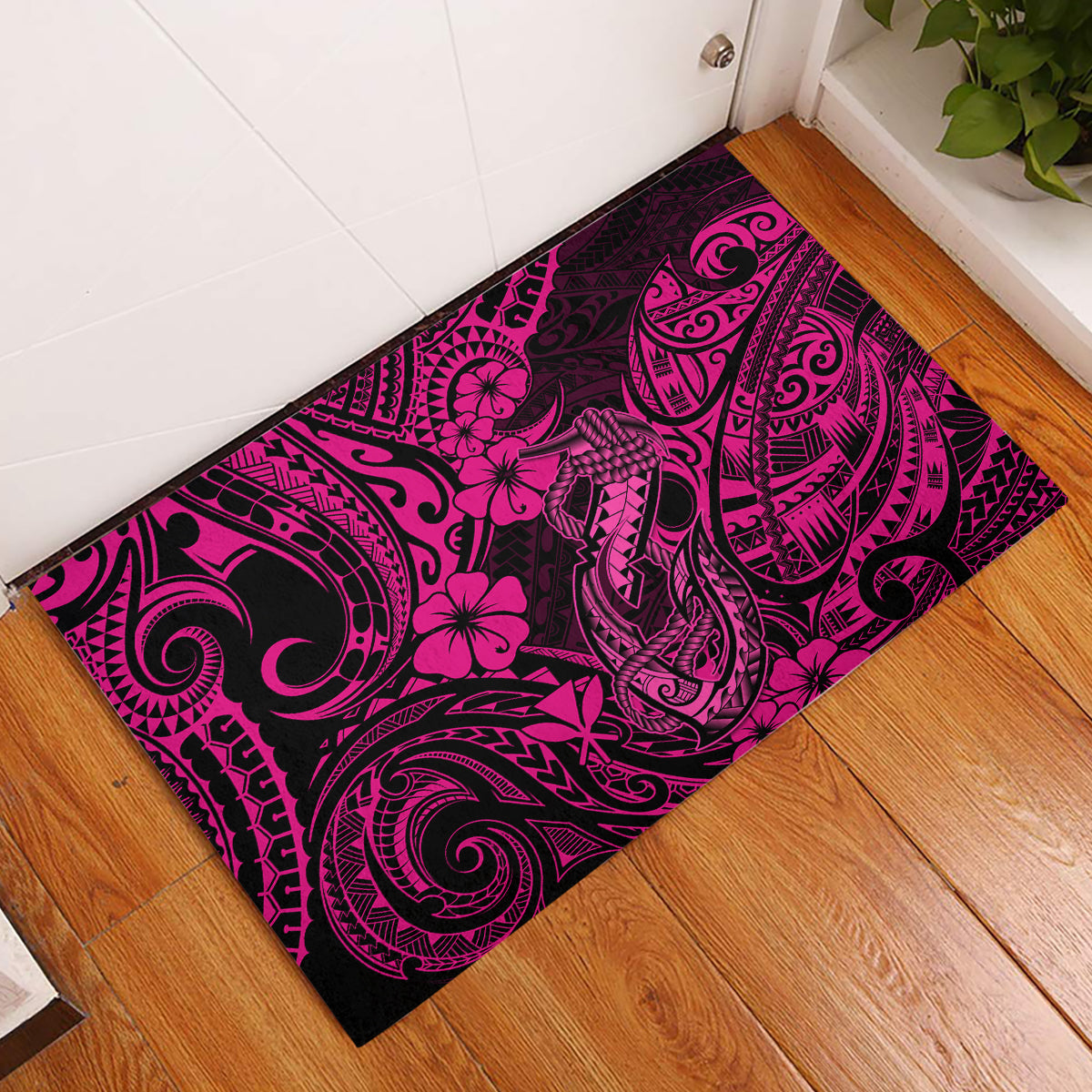 Hawaii Fish Hook Rubber Doormat Hibiscus Hawaii Tribal Tattoo Pink Version - Wonder Print Shop