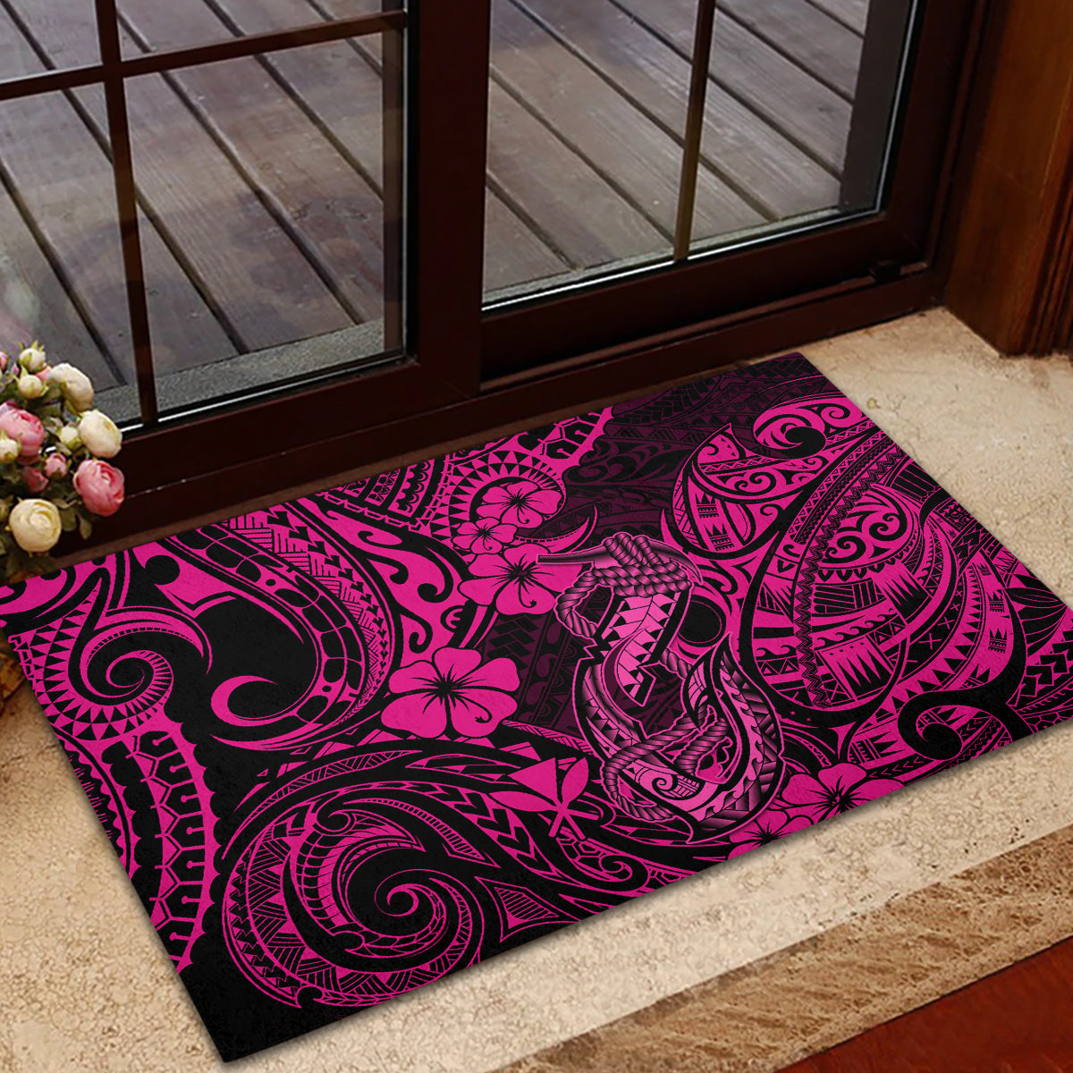 Hawaii Fish Hook Rubber Doormat Hibiscus Hawaii Tribal Tattoo Pink Version - Wonder Print Shop