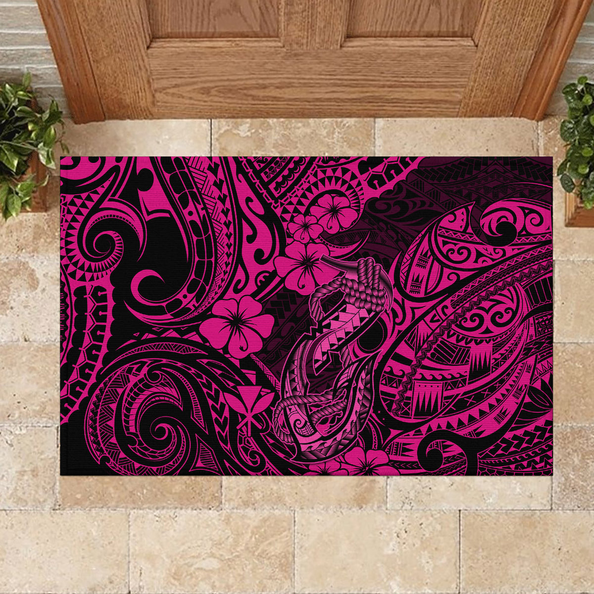 Hawaii Fish Hook Rubber Doormat Hibiscus Hawaii Tribal Tattoo Pink Version - Wonder Print Shop