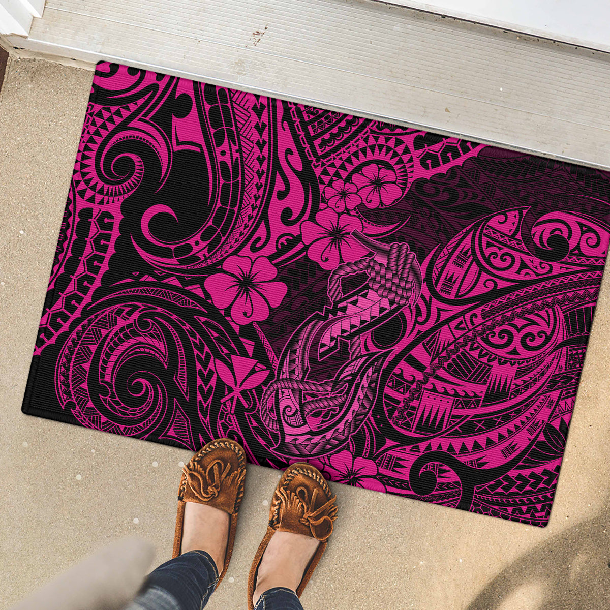 Hawaii Fish Hook Rubber Doormat Hibiscus Hawaii Tribal Tattoo Pink Version - Wonder Print Shop