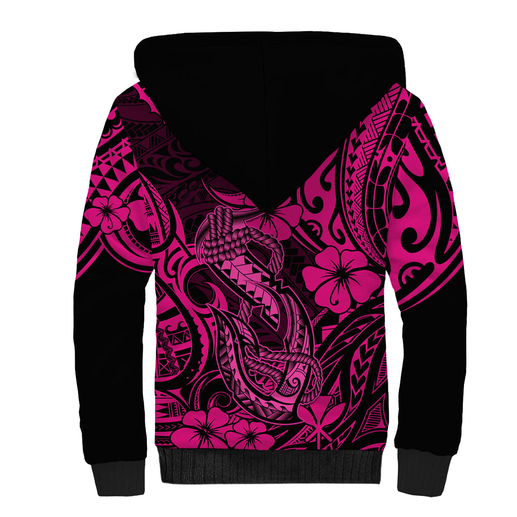 Hawaii Fish Hook Sherpa Hoodie Hibiscus Hawaii Tribal Tattoo Pink Version - Wonder Print Shop