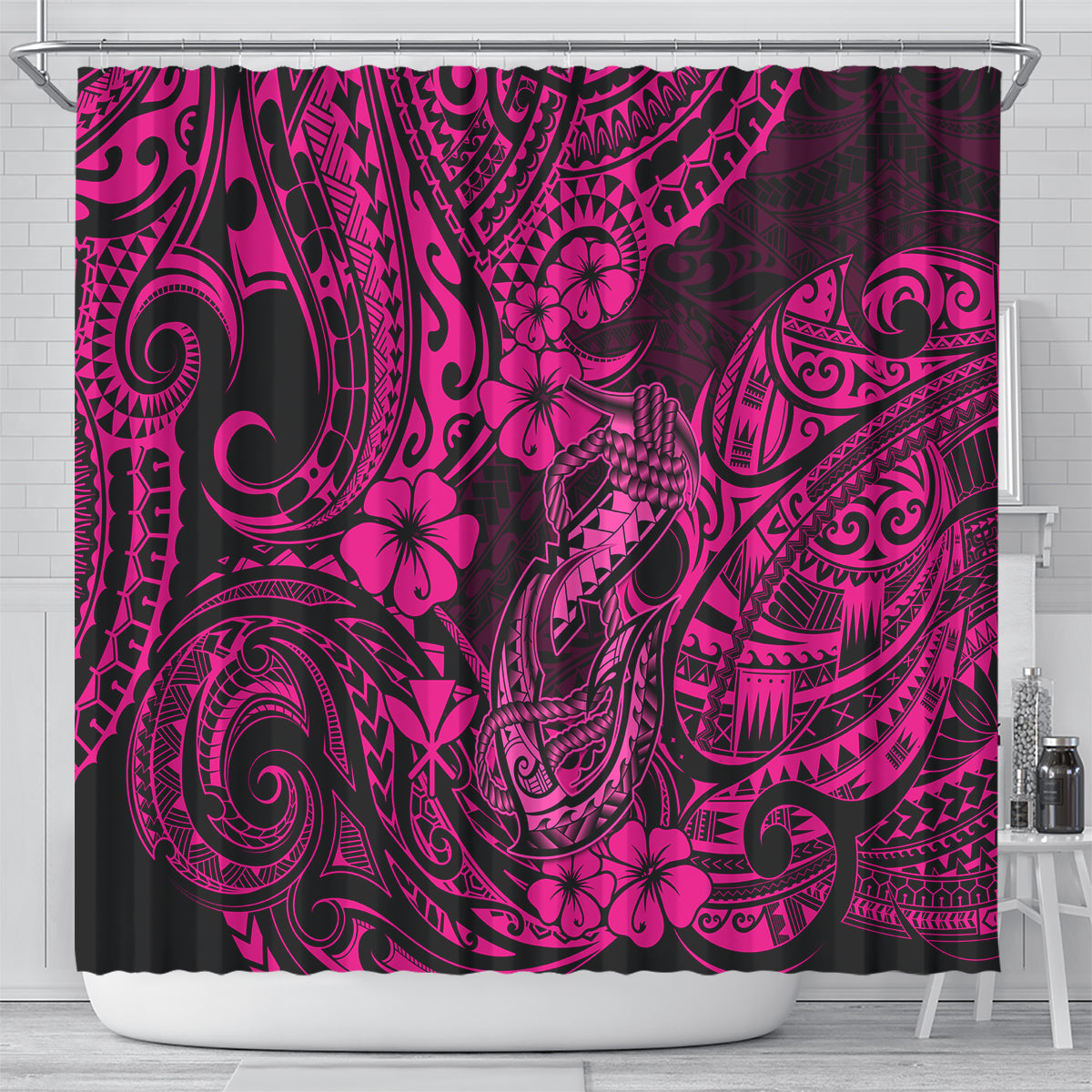 hawaii-fish-hook-shower-curtain-hibiscus-hawaii-tribal-tattoo-pink-version