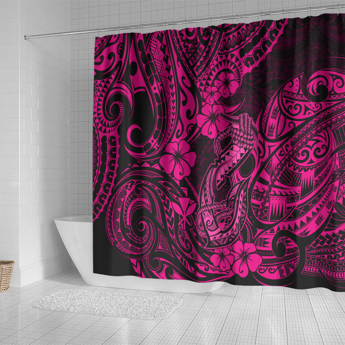 hawaii-fish-hook-shower-curtain-hibiscus-hawaii-tribal-tattoo-pink-version