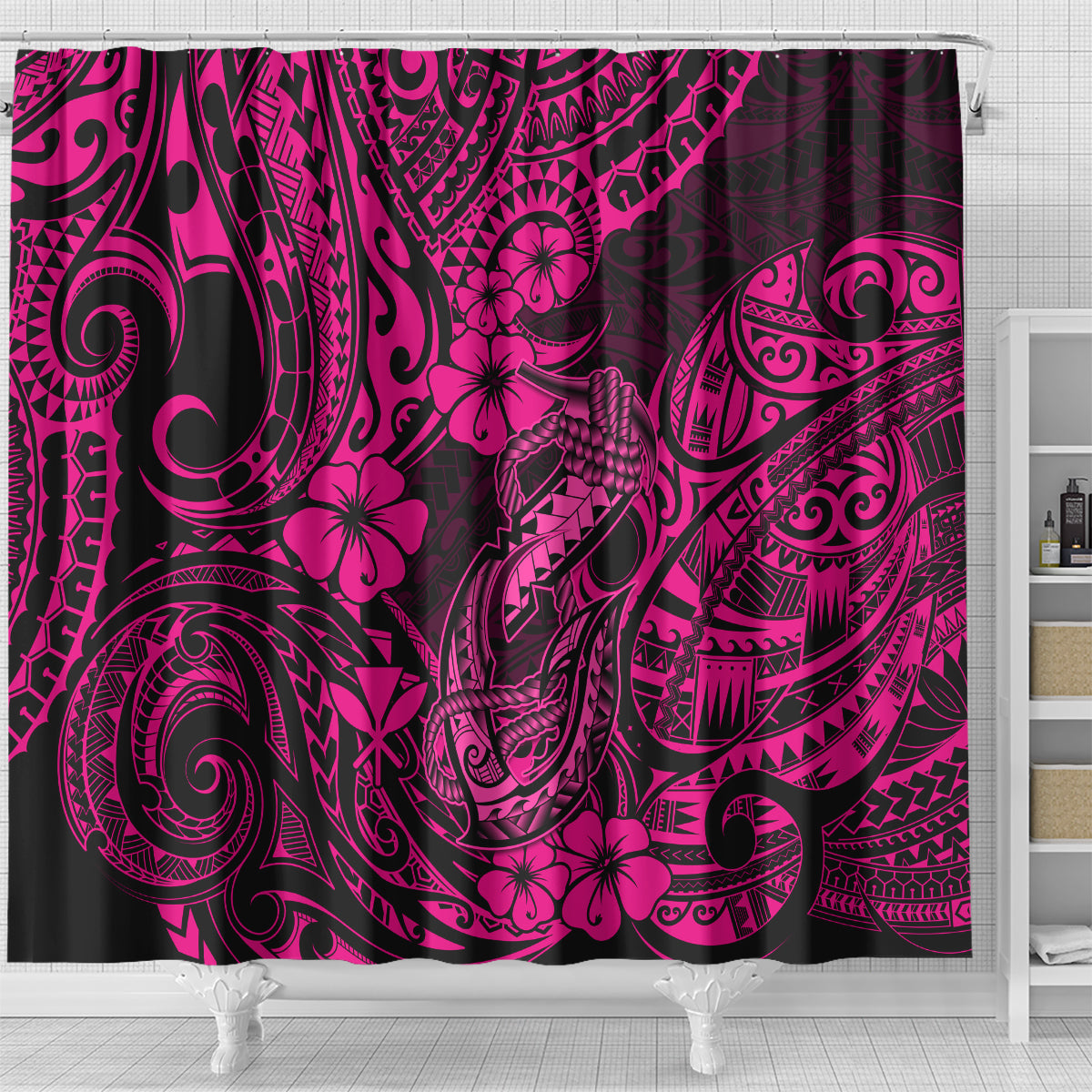 hawaii-fish-hook-shower-curtain-hibiscus-hawaii-tribal-tattoo-pink-version