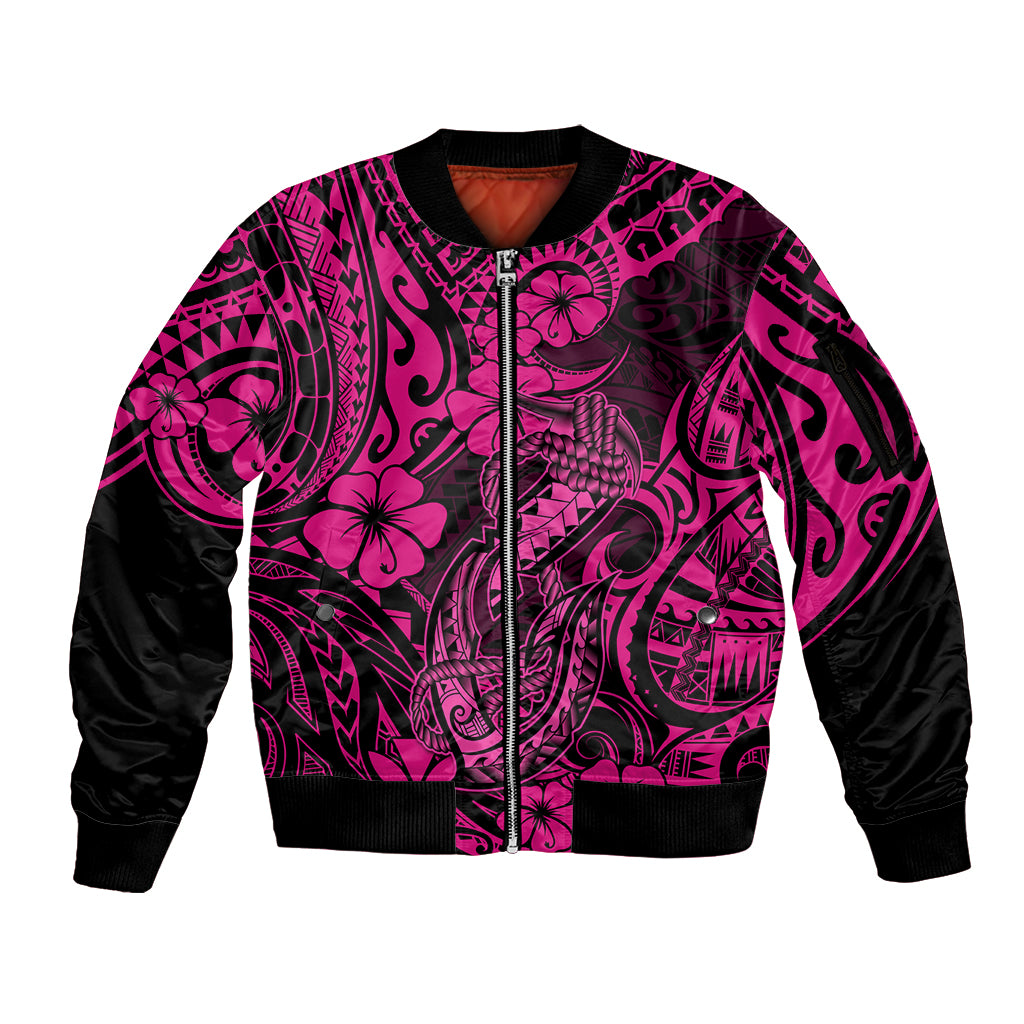 Hawaii Fish Hook Sleeve Zip Bomber Jacket Hibiscus Hawaii Tribal Tattoo Pink Version - Wonder Print Shop
