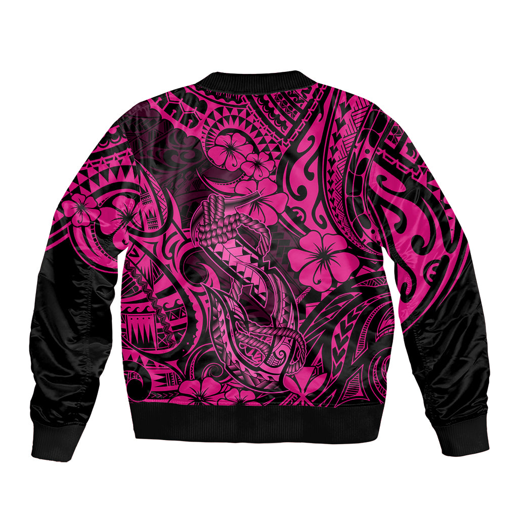 Hawaii Fish Hook Sleeve Zip Bomber Jacket Hibiscus Hawaii Tribal Tattoo Pink Version - Wonder Print Shop