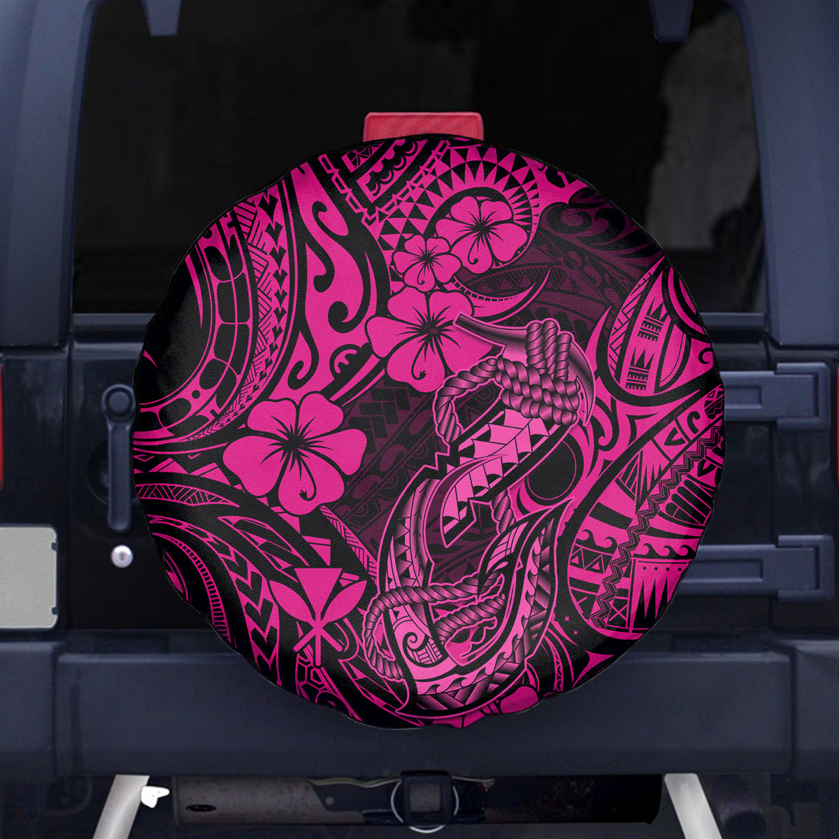 Hawaii Fish Hook Spare Tire Cover Hibiscus Hawaii Tribal Tattoo Pink Version - Wonder Print Shop