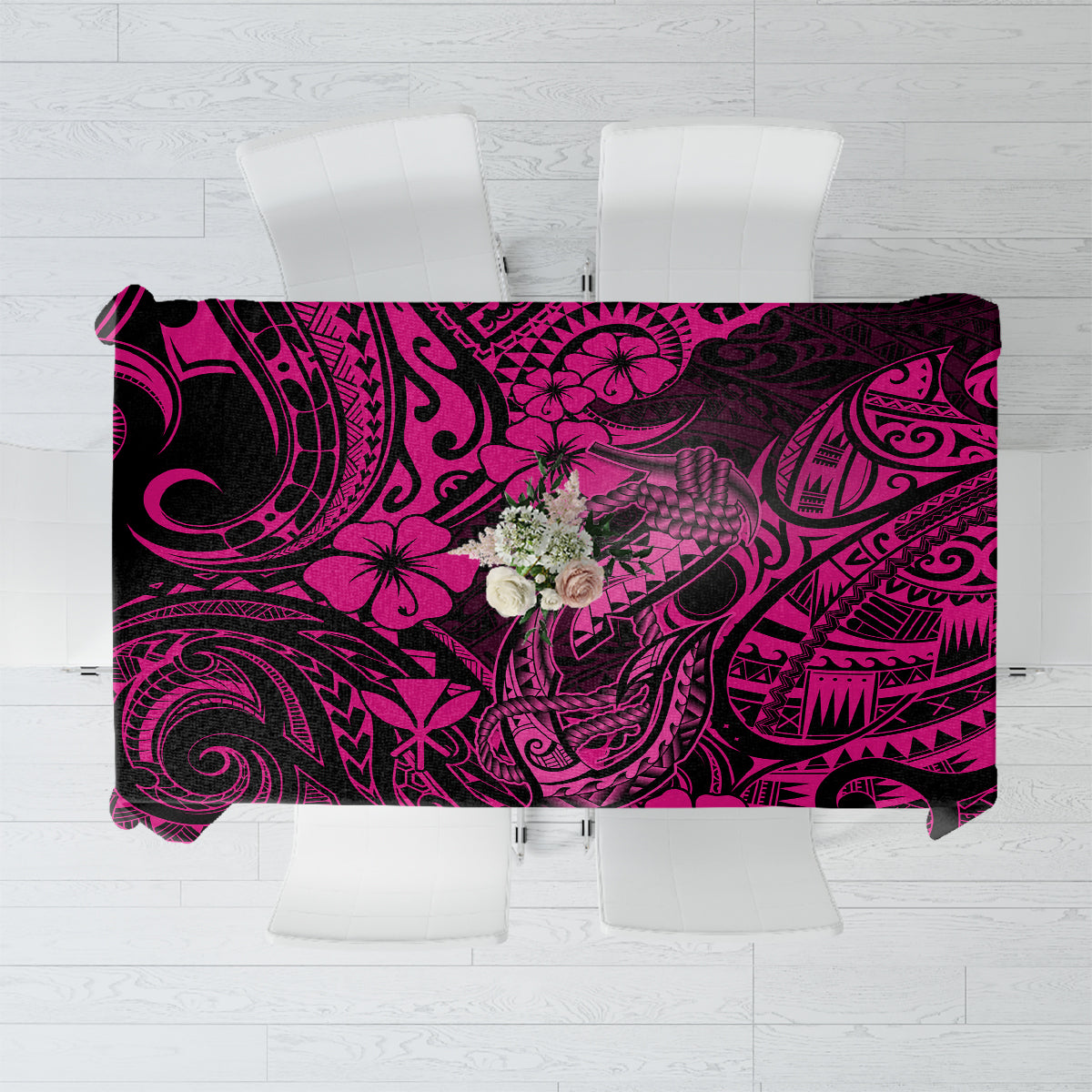 Hawaii Fish Hook Tablecloth Hibiscus Hawaii Tribal Tattoo Pink Version - Wonder Print Shop