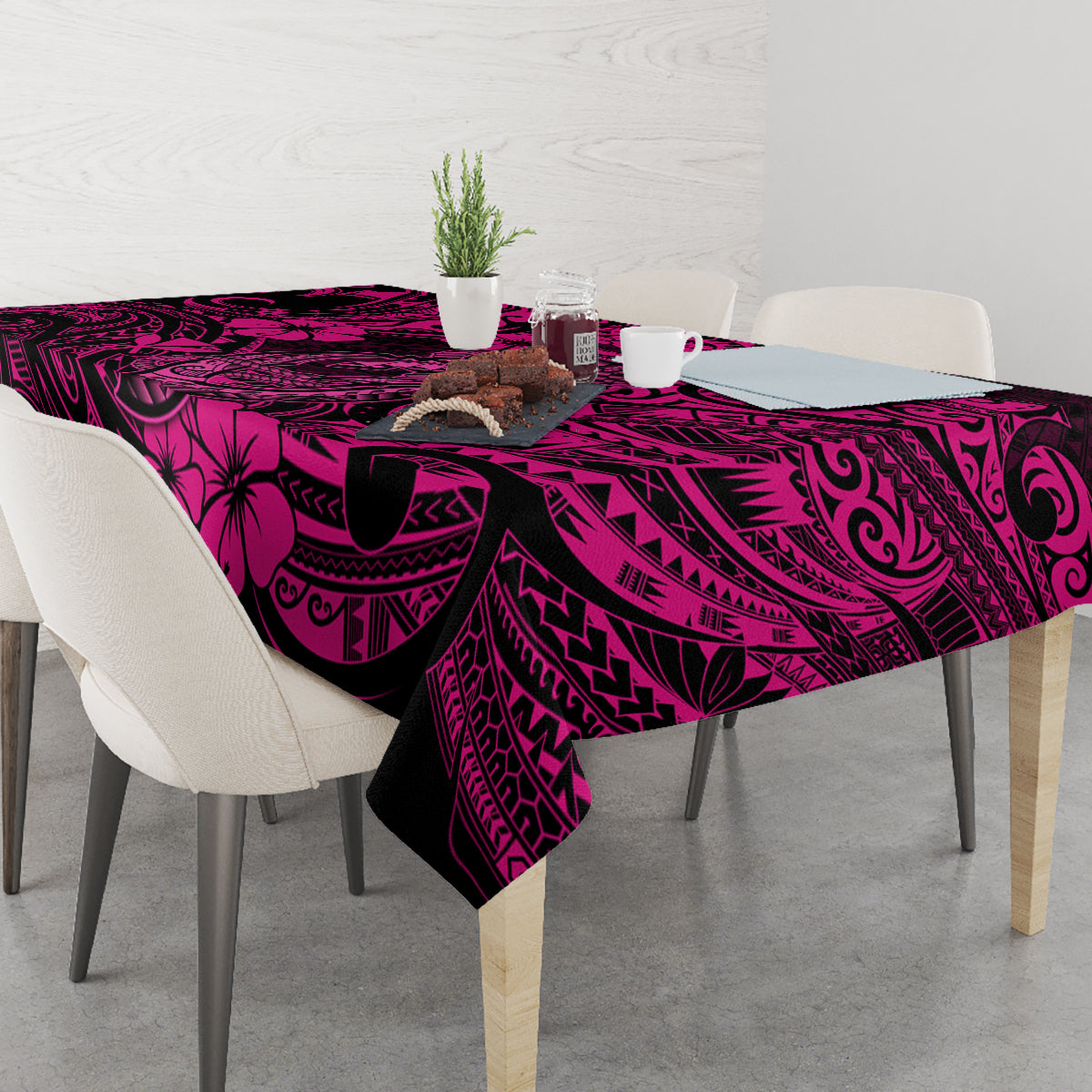 Hawaii Fish Hook Tablecloth Hibiscus Hawaii Tribal Tattoo Pink Version - Wonder Print Shop