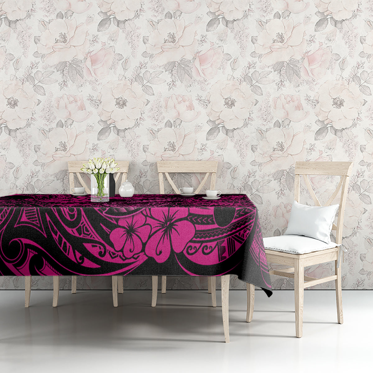 Hawaii Fish Hook Tablecloth Hibiscus Hawaii Tribal Tattoo Pink Version - Wonder Print Shop