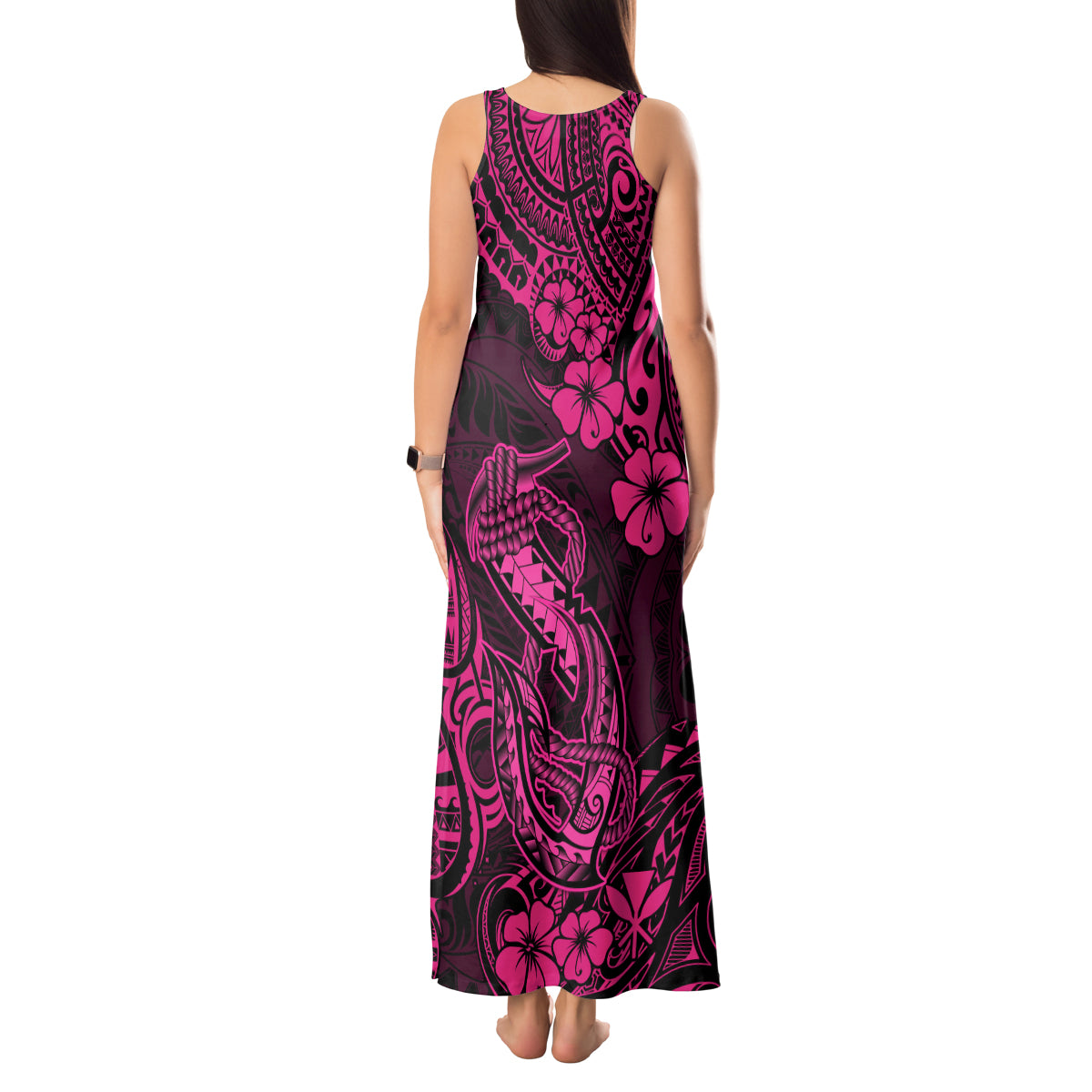 Hawaii Fish Hook Tank Maxi Dress Hibiscus Hawaii Tribal Tattoo Pink Version - Wonder Print Shop