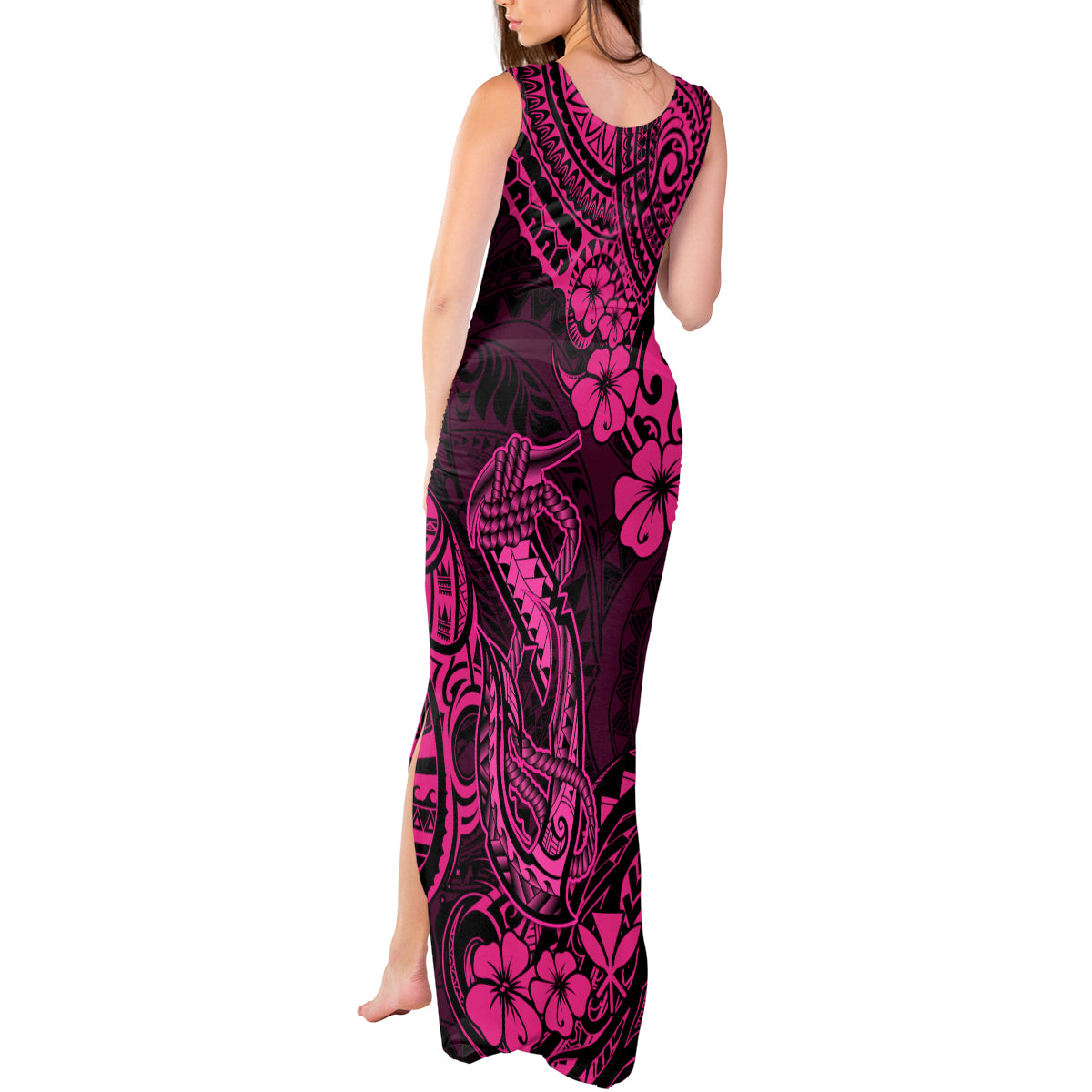 Hawaii Fish Hook Tank Maxi Dress Hibiscus Hawaii Tribal Tattoo Pink Version - Wonder Print Shop