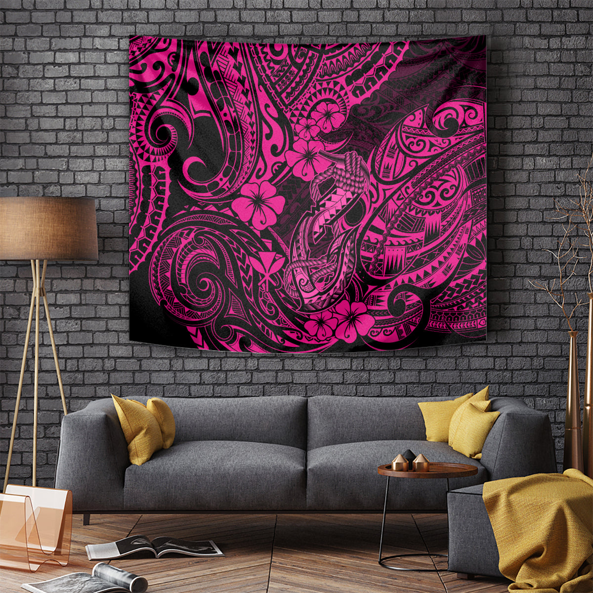 Hawaii Fish Hook Tapestry Hibiscus Hawaii Tribal Tattoo Pink Version - Wonder Print Shop