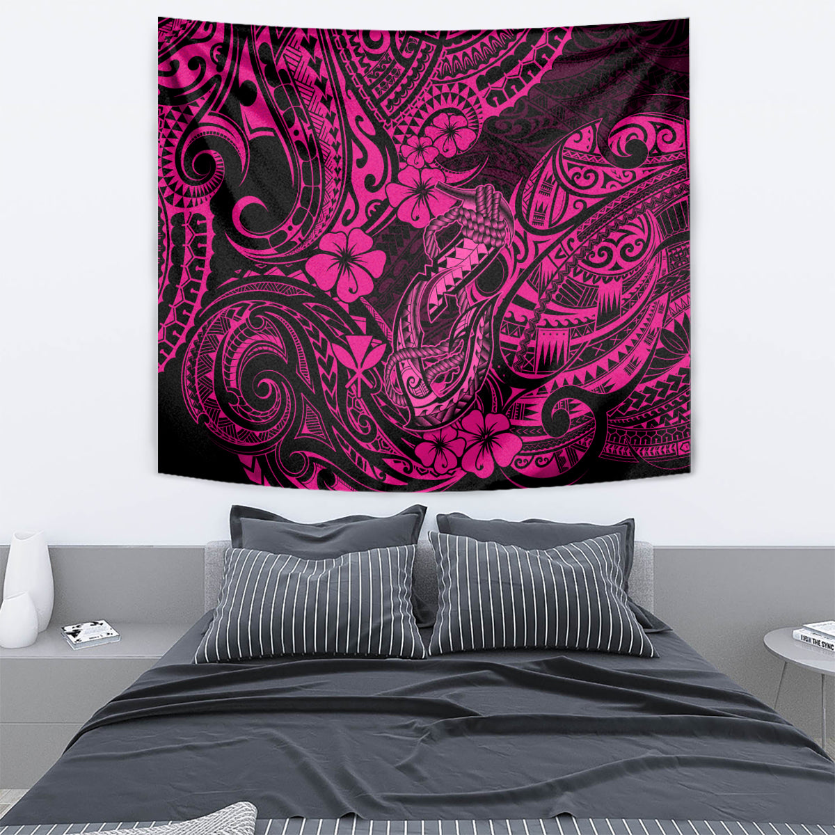Hawaii Fish Hook Tapestry Hibiscus Hawaii Tribal Tattoo Pink Version - Wonder Print Shop