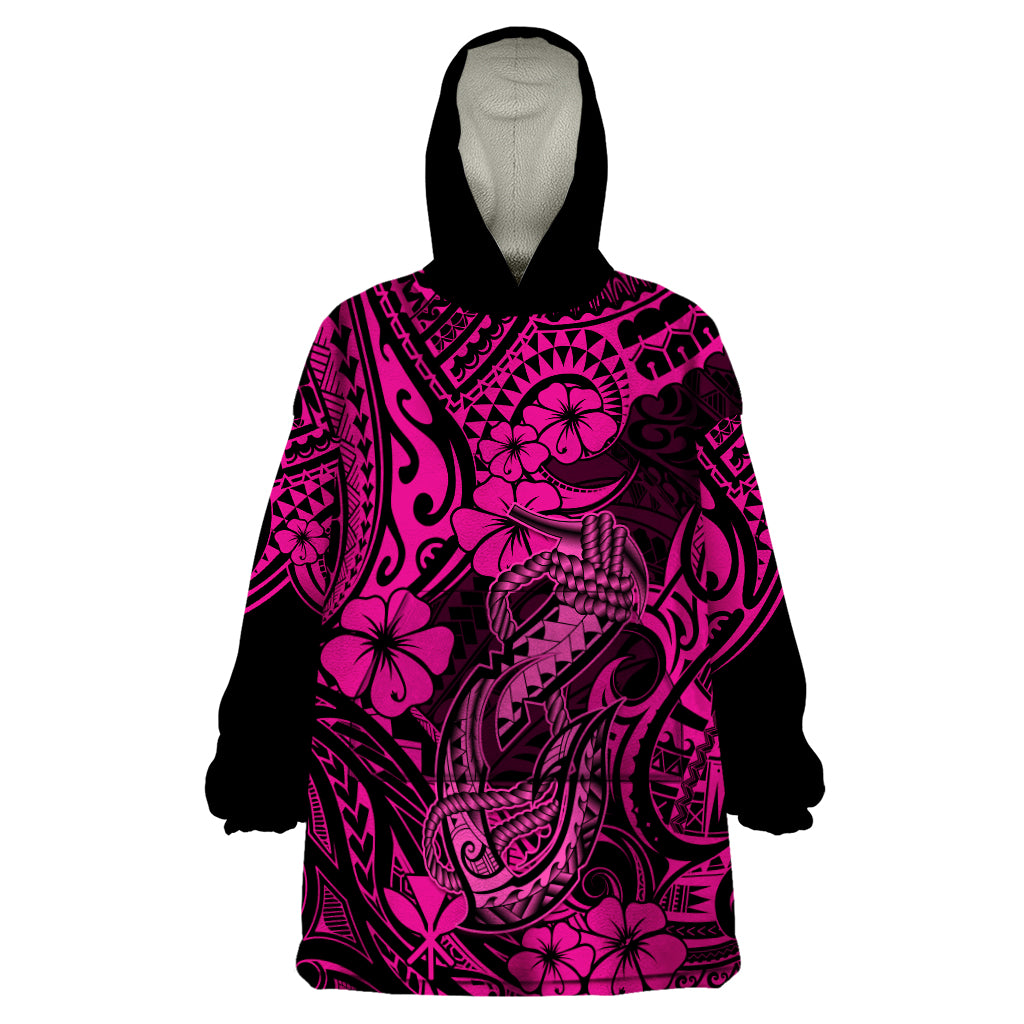 Hawaii Fish Hook Wearable Blanket Hoodie Hibiscus Hawaii Tribal Tattoo Pink Version - Wonder Print Shop