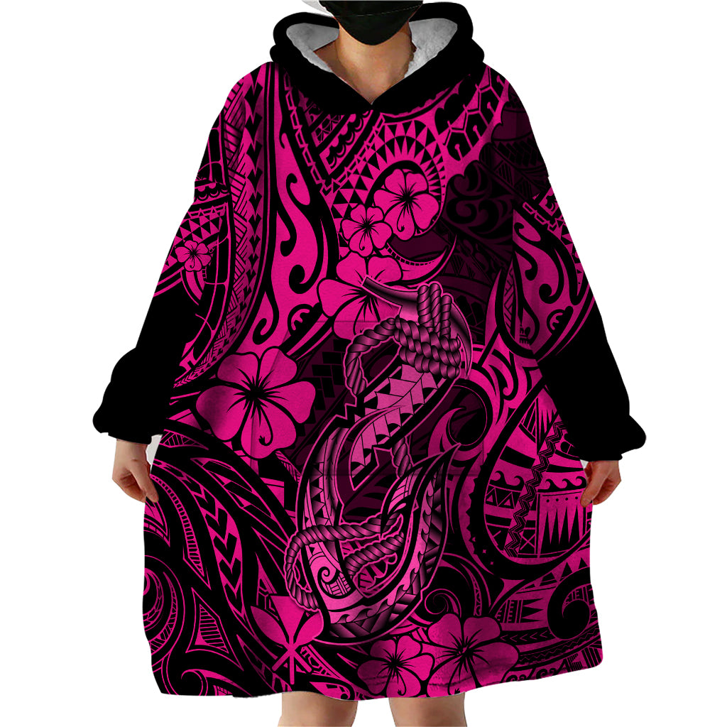 Hawaii Fish Hook Wearable Blanket Hoodie Hibiscus Hawaii Tribal Tattoo Pink Version - Wonder Print Shop