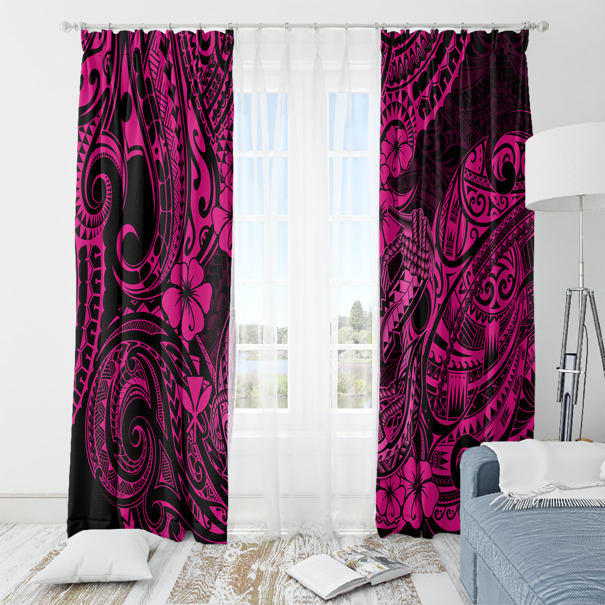 Hawaii Fish Hook Window Curtain Hibiscus Hawaii Tribal Tattoo Pink Version - Wonder Print Shop